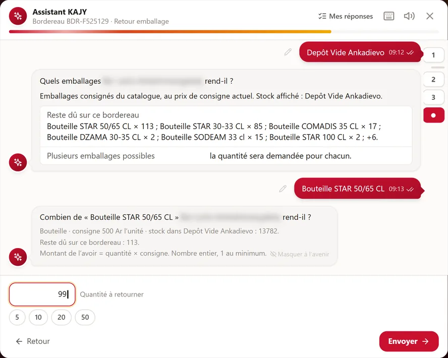 Assistant KAJY : retour d'emballages sur un bordereau