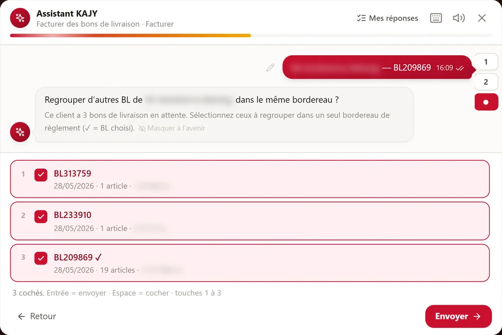 KAJY assistant: several delivery notes, one settlement slip