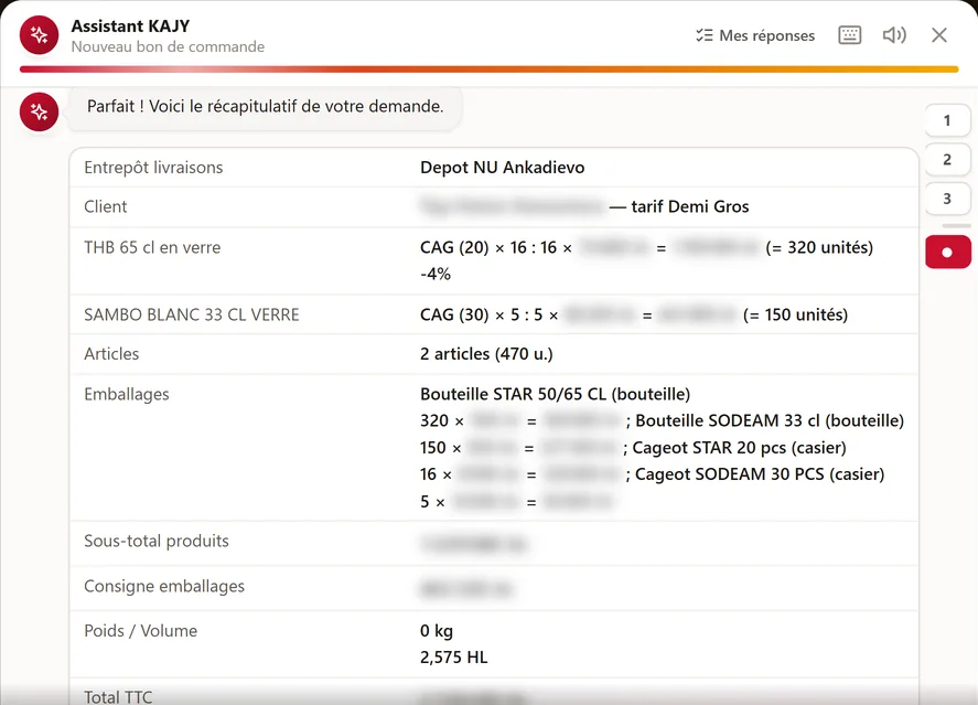 Order summary, including packaging and volume