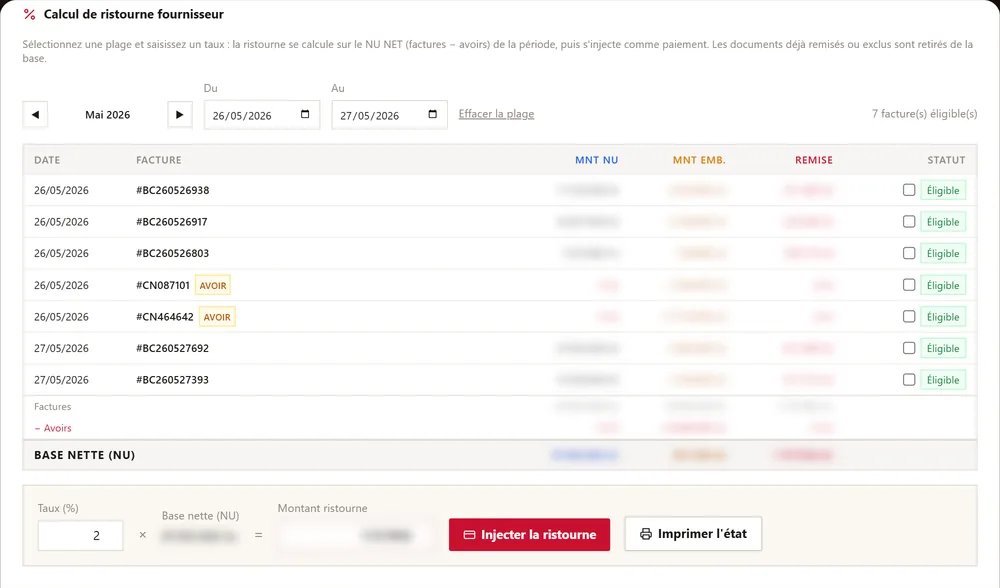 Calcul de la ristourne fournisseur