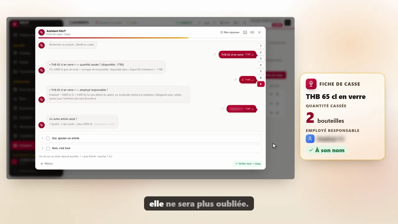 Assistant KAJY : la fiche de casse, au nom de l'employé